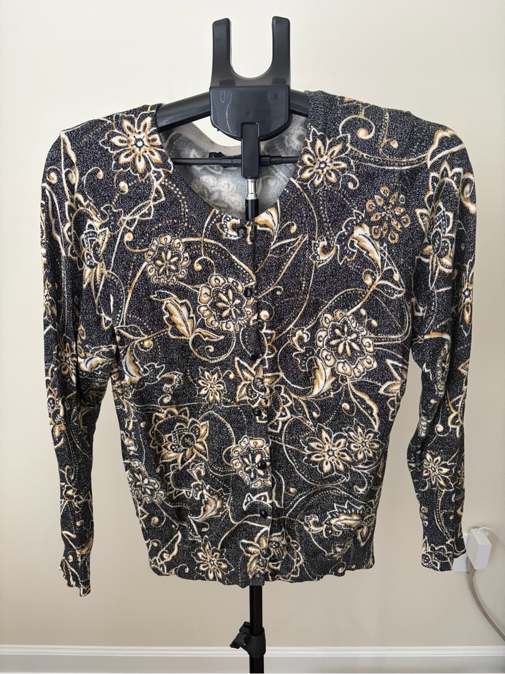 Top Knits Black Gold Metallic Floral Cardigan XL